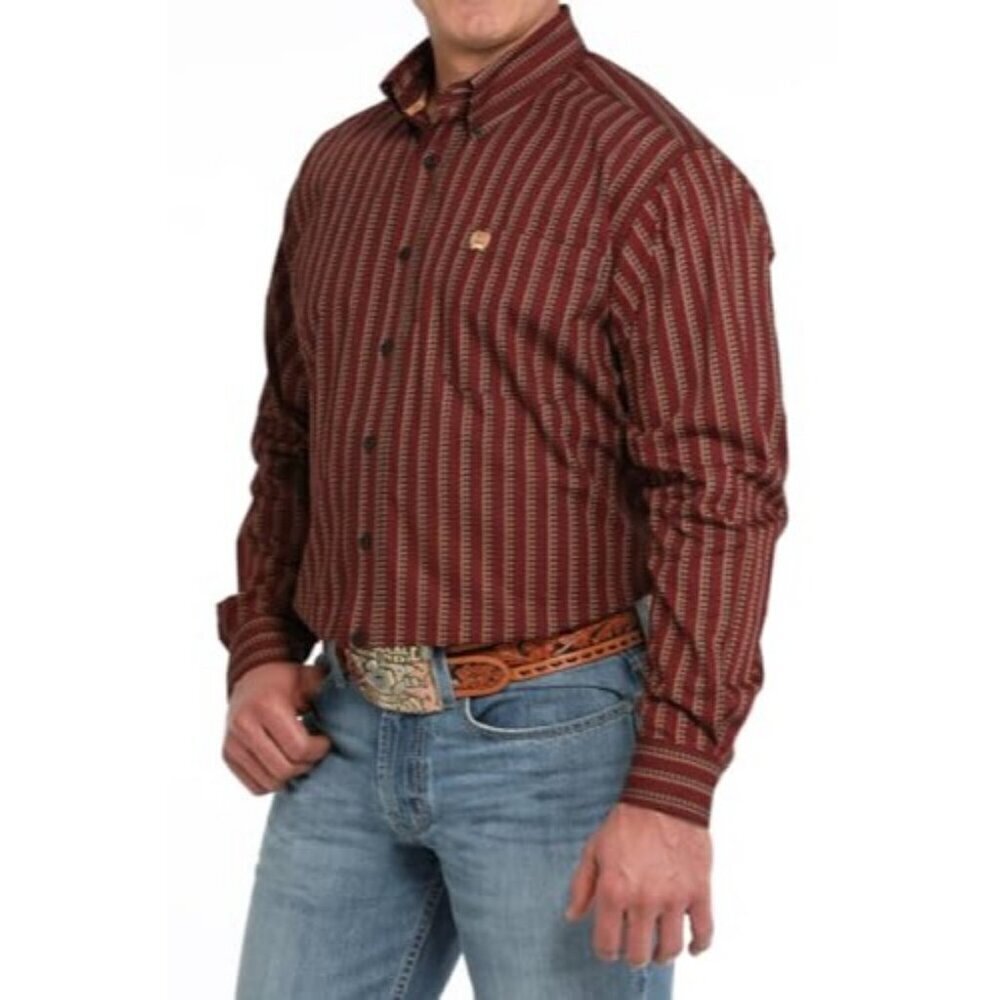 Cinch Men's Large Long Sleeve Print Button Up Western Shirt Red/Tan